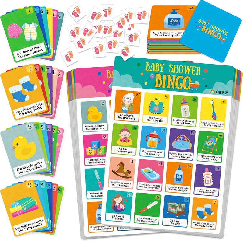 Gethelud Baby Shower Bingo Game, 25 Bilingual Spanish & English Bingo Cards for Gender Reveal Party, Baby Shower, Game Favors, Supplies, Decorations for Adults (25 Players) - Image 1